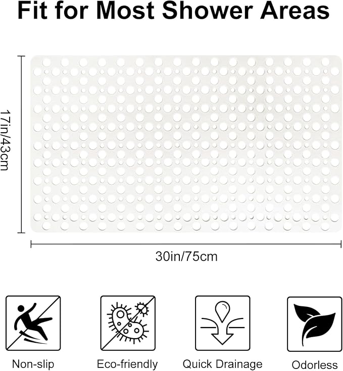 Bathtub Mat and Shower Mat Non Slip: 30 x 17 inch Soft TPE Bath Tub Mat with Suction Cups and Drain Holes, Anti Slip Shower Mats for Inside Shower, Machine Washable, Easy to Dry&Cut