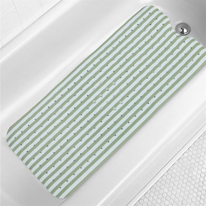 Stripes Green Bathtub Mat Non Slip 40x16 Inch Extra Long Bath Mat, Modern Art Shower Mat Non Slip, Bath Mat for Tub Anti Slip with Large Drain Holes Suction Cups Design Bathroom Mat