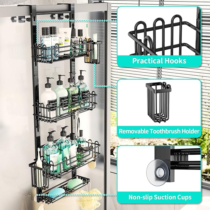 HapiRm 4 Tier Over the Door Shower Caddy, Hanging Shower Organizer with 22 Hooks and 2 Toothbrush Holders, No Drilling Adjustable Hanging Shelves for Bathroom Storage - Black