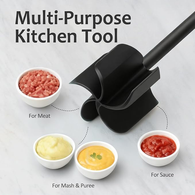 Ourokhome Meat Chopper and Potato Masher, Heat Resistant Nylon Ground Beef Smasher for Hamburger, 5 Curved Blades Nonstick Mixer & Stirrer, Practical Kitchen Gadgets, Black
