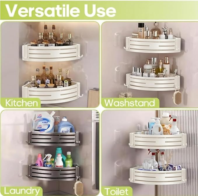 Corner Shower Caddy Suction Cup,Shower Shelves with Hooks,No Drilling Powerful Suction Bathroom Organizers and Storage,Removable Waterproof Rustproof Metal Shower Bathroom Decor (2 Pack-White)