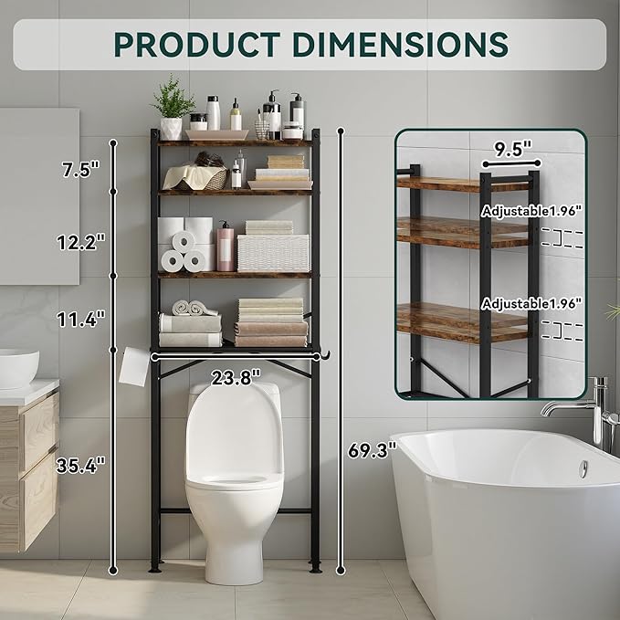 GloTika 4-Tier Over The Toilet Storage with Paper Holder and 4 Hooks - Metal Over Toilet Bathroom Organizer Shelf, Freestanding Bathroom Cabinet for Laundry/Living Room (69.3" H, Black Brown)