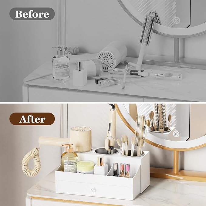 GFWARE Acrylic Hair Dryer Holder with Drawer, Bathroom Organizer Countertop Drawers with 3 Stainless Cups, Makeup Vanity Accessories, Hair Hot Tools Organizer, Toiletry, White