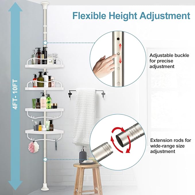 Corner Shower Caddy Tension Pole, Rustproof Bathtub Storage Organizer with 4 Adjustable Shelves, Bathroom Shower Rack Shampoo Holders for Inside Shower, 40"-120" Floor to Ceiling Shower Caddy Silver