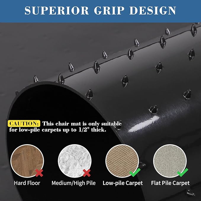 Tydle Office Chair Mat for Carpet, 36" x 48" Slip Resistant Chair Mat for Carpeted Floors, Heavy Duty Computer Under Desk Plastic Floor Mat with Grips, Carpeted Floor Protector for Home Office (Black)
