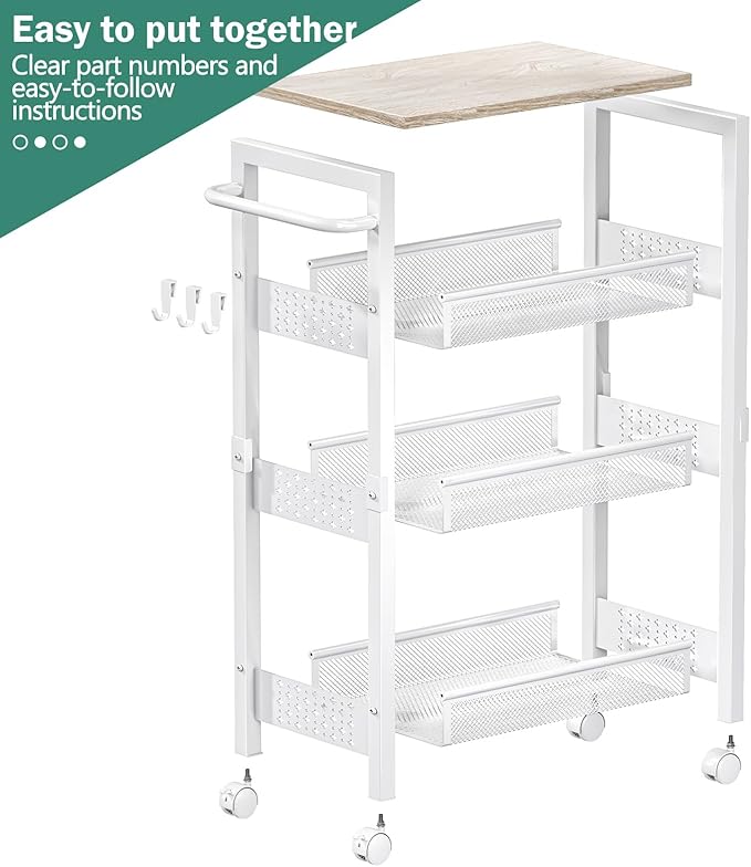 Vivihomety Utility Slim Storage Cart with Wheels, 4 Tier Small Rolling Cart with Wood Top, Metal Kitchen Bathroom Laundry Room Organization Trolley with Handle for Narrow Space - White