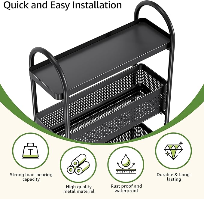 KINGRACK Slim Storage Cart with Drawer, 5-Tier Rolling Utility Cart on Wheels, Narrow Metal Cart for Space Save, Easy Assembly for Kitchen Cart, Craft Cart, Laundry, Bathroom, Nursery Organizer