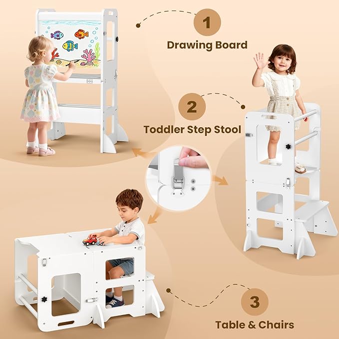 Woodure 4-in-1 Toddler Kitchen Step Stool, Learning Standing Tower with Whiteboard, Wooden Kitchen Stool Helper for Kids, 1-3 Year Old Boy Girl Gifts-White