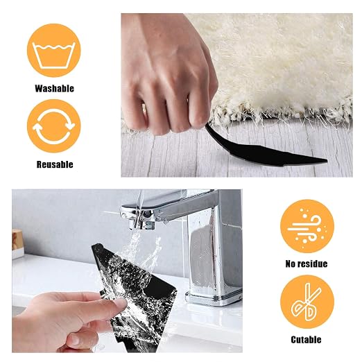 Rug Tape, 10 Pcs Double Sided Non Slip Reusable Rug Stopper, Washable Rug Pad Grippers for Hardwood Floors, Tile Floors, Carpets, Floor Mats, Wall (Black)