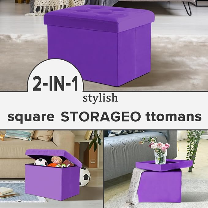 LINMAGCO Storage Ottoman Folding Foot Stool Velvet Foot Rest with Padded Modern Ottoman with Storage for Living Room Puppy Step Stool 17x13x13in(Purple)