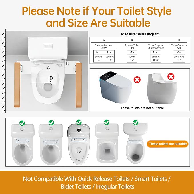 Simple Project 15.7" Toilet Safety Rails for Seniors, Flipped 90°＆Adjust Heigh Toilet Seat Handle, Super Sturdy 500LBS Toilet Safety Frame for Disabled or Mobility Issues, Grab Bars Arms(Brown)