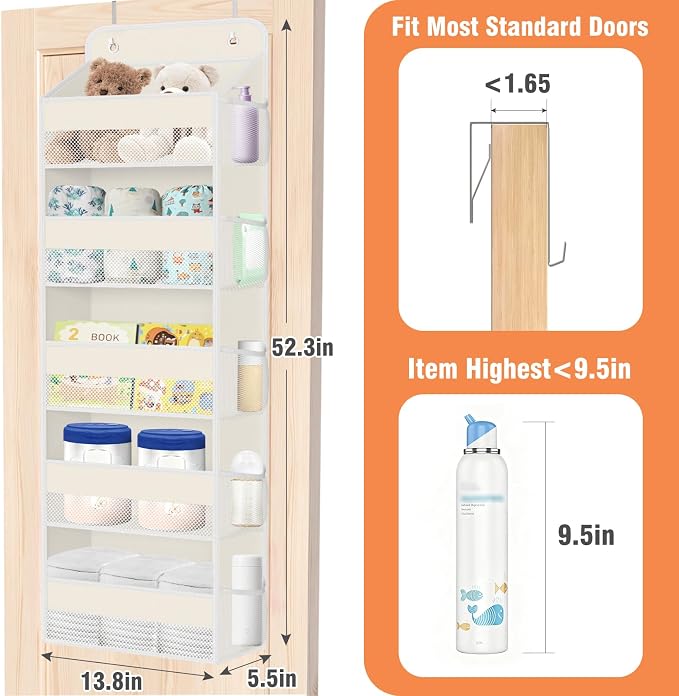 WISELIFE Over The Door Organizer - 5 Shelves Large Capacity Hanging Bedroom Storage Solution with Side Pockets for Dorm Bathroom Pantry Nursery and Baby Essentials Holds up to 40 Lbs (Beige)