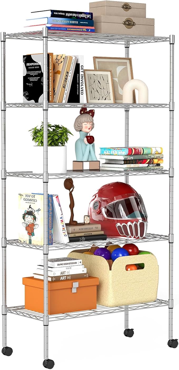 BestOffice | 5-Tier Wire Storage Shelves with Wheels | 14 x 30 x 61 | Chrome | with Adjustable Racks | Heavy-Duty Metal Shelf, Holds Upto 1250 lbs | No-Tool Assembly | Ideal for Home & Garage Shelving