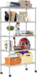 BestOffice | 5-Tier Wire Storage Shelves with Wheels | 14 x 30 x 61 | Chrome | with Adjustable Racks | Heavy-Duty Metal Shelf, Holds Upto 1250 lbs | No-Tool Assembly | Ideal for Home & Garage Shelving