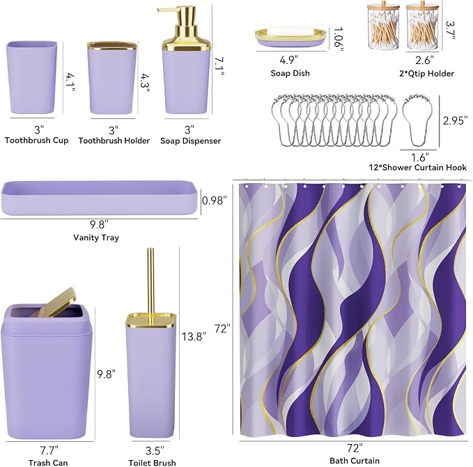XLHOMO Purple Bathroom Accessories, Bathroom Sets with Stripe Shower Curtain, Purple and Gold Bathroom Accessories Set with Trash Can, Soap Dispenser, Soap Dish, Qtip Holders for Bathroom