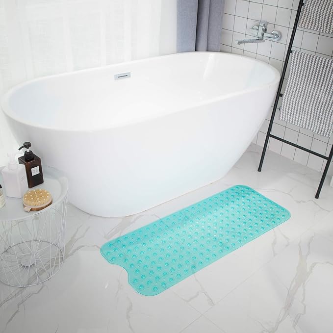 TEESHLY Bathtub Mats for Shower Tub, Extra Long Non-Slip 39 x 16 Inch Bath Mat with Drain Holes and Suction Cups, BathMat for Bathroom with Machine Washable (Clear Turquoise)