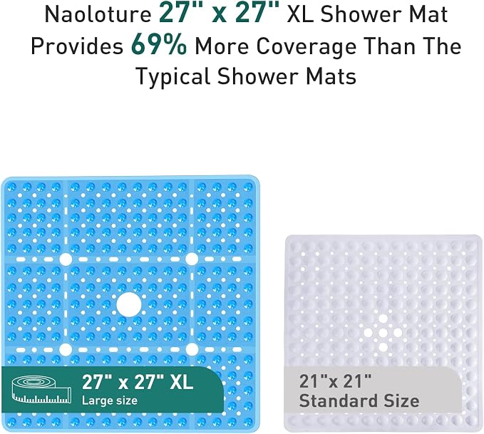 Large Square Shower Mat 27 x 27 Inch Clear Blue, Non Slip Shower Bathtub Mats for Inside Shower with Big Suction Cups Drain Holes, Anti Slip Bathroom Floor Stall Mats, Easy Clean, BPA-Free