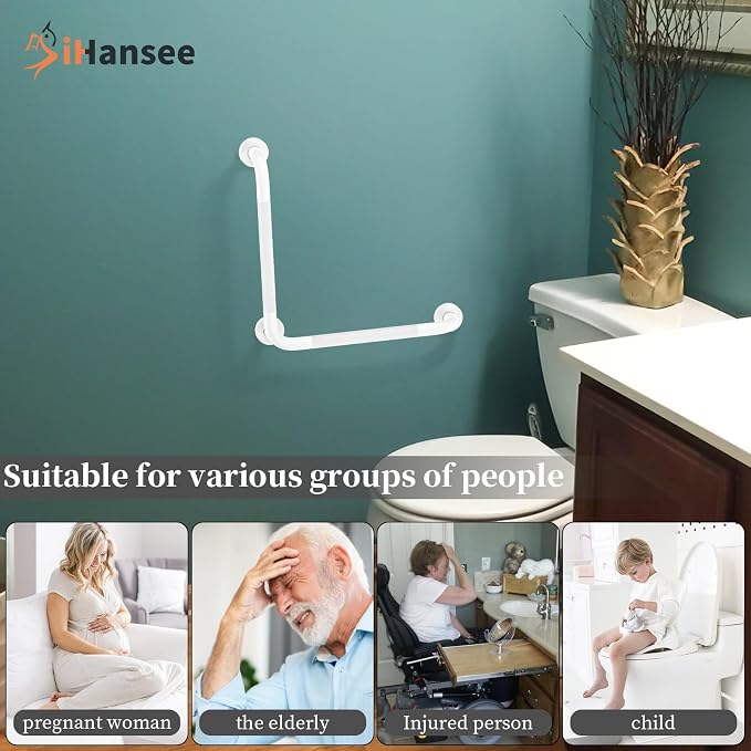 Angled Grab Bar - 16x16 Inch Stainless Steel Knurled Toilet Handles Wall Mounted Bathroom Handicap Safety Rails for Elderly Injured Balance Support, L-Shaped White Grab Bar for Shower