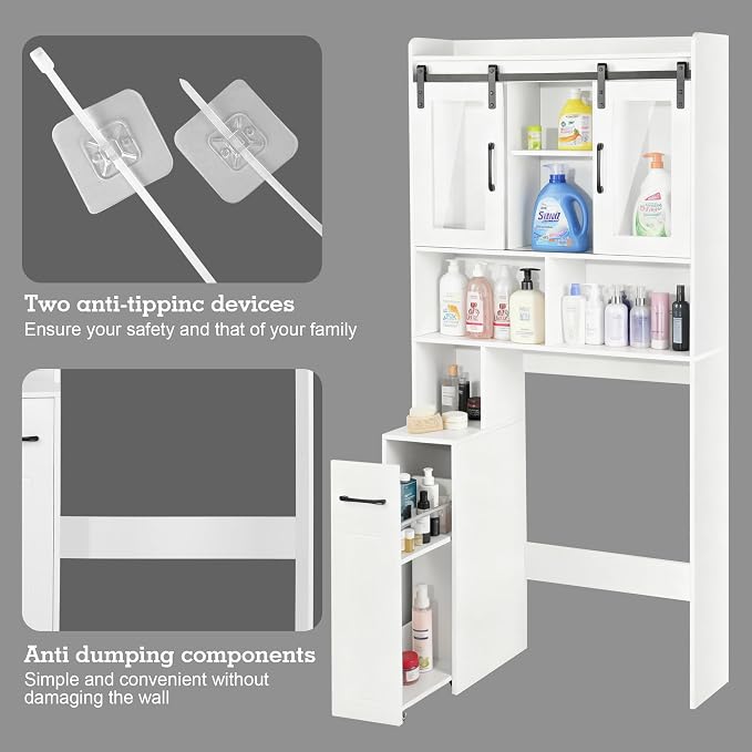 Over The Toilet Storage Cabinet, Extendable Rolling Drawer-Style, Mobile, Acrylic Sliding Doors, Adjustable Shelving, Compact Bathroom Storage with Toilet Paper Holder for Bathroom, Laundry Room