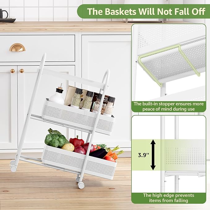 KINGRACK 3-Tier Slim Storage Cart with Pull Out Basket, Rolling Bathroom Organizer Utility, Metal Shelving Unit Slide Out, Lockable Wheels, Easy Assembly for Narrow Place, Kitchen, Laundry Room, White