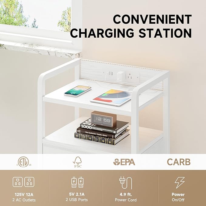 Lazzanto Night Stand Bedside Charger Bedroom - Nightstand with Charging Station, Bed Side Table with LED Light Strip, End Table with U-S-B Ports & AC Outlets, Storage Shelf & 3 Fabric Drawers, White