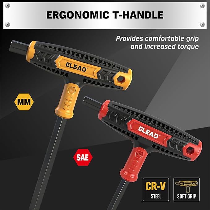 ELEAD 14-Piece T-handle Allen Wrench Set, Metric 2.5mm-10mm & SAE 1/8"-3/8" Portable Hex Key, Long Arm Allen Key Set with Storage Box for Basic Home Repair and Mechanical Maintenance