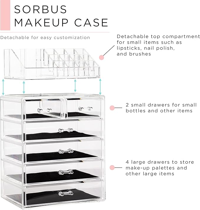 Sorbus Acrylic Makeup Organizer Set, 6-Drawer Vanity & Countertop Cosmetic Storage with Small & Wide Compartments, Clear Makeup Storage for Brushes, Jewelry – Holiday Gift for Women & Teens