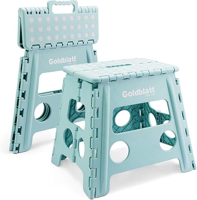 Goldblatt 12.5" Folding Step Stool for Adults and Kids, Lightweight Heavy-Duty Plastic Portable Foldable Stool with Non-Slip Top and Anti-Skid Feet, 300 lbs Capacity, Kitchen & Bathroom, Blue-Green