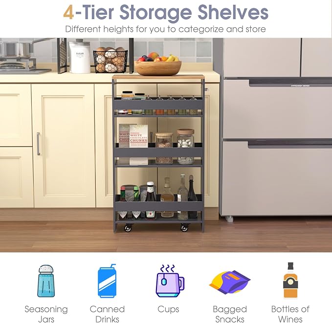 Giantex 4 Tier Rolling Slim Storage Cart, 8" Narrow Slide Out Kitchen Cart w/Handle & Open Shelves, Space-Saving Compact Mobile Utility Trolley for Small Space Laundry Room (Grey & Natural)