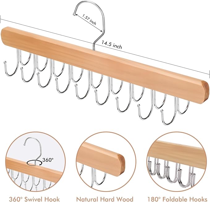 NECAMOCU 2 Pack Bra Hanger for Closet Organizer, Premium Wooden Tank Top Hangers with 36 Foldable Hooks, 360° Rotating Design, Space Saving Storage for Tank Tops, Bras, Scarves and More