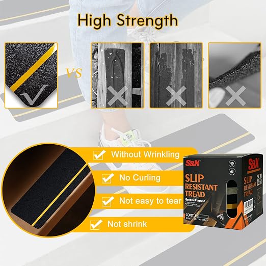 S&X Anti Slip Stair Treads, 12-Pack - 4" x 24" Pre-Cut Anti Slip Tape Outdoor Waterproof for All Slippery Surfaces - Weather Resistant Heavy Duty Non Slip Tape with Reflective Stripe