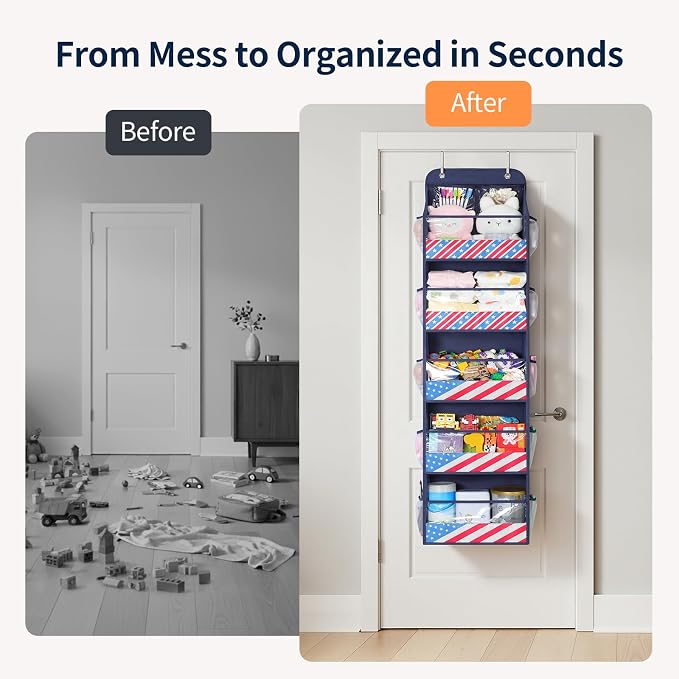 Yecaye 6 Tier Over the Door Organizer, Swing-proof Door Organizer Hanging with Clear PVC Windows, Behind the Door Storage for Bedroom Nursery Closet Laundry Pantry Bathroom, Navy Blue
