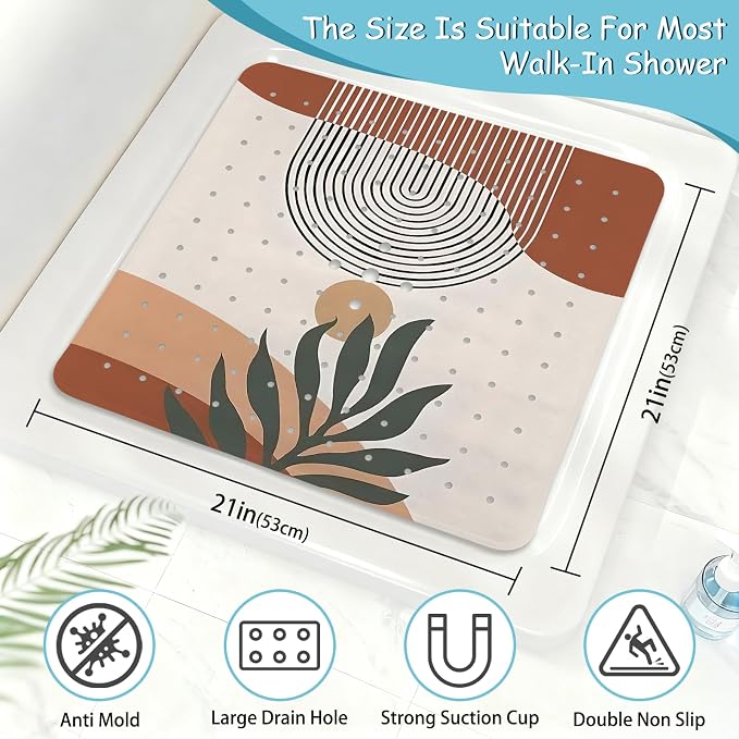 Leaves Square Anti Slip Shower Mats for Inside Shower Accessories, Boho Bath Mats for Bathroom Non Slip Shower Floor Mat Decor Rubber Bathmat with Suction and Drain Holes Machine Washable, 21″X21″