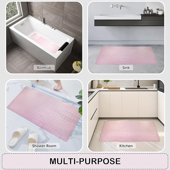 Non-Slip Bathtub and Shower Mats, Power Grip Bath Mat 35 x 16.3 Inch with Suction Cups and Drain Holes for Tub Bathroom Floor Safety, Machine Washable Soft Bathmat, Clear Pink