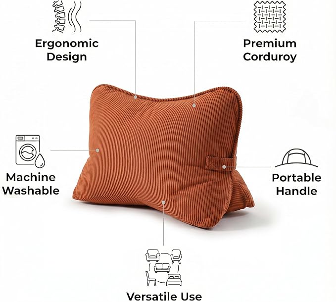 Pat. Pend. Corduroy Back Support Pillow for Bed Sitting and Headboard Support, Lumbar Cushion for Relaxing and Watching TV, Triangle Backrest Pillow, Brick Red