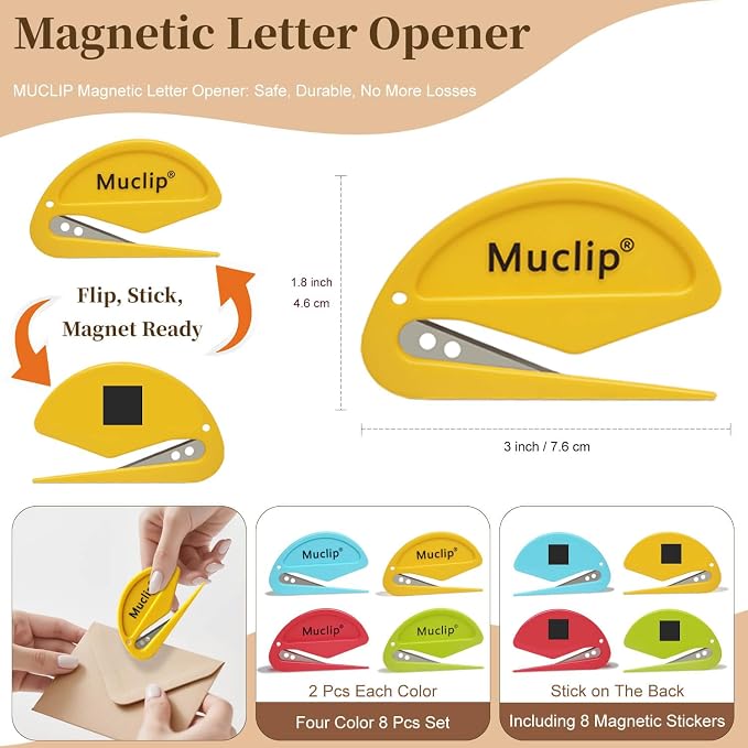 8 Pack Letter Opener with Magnetic Stickers - Hidden Stainless Steel Blade,Ergonomic ABS Grip,Fast & Safe Envelope Opener for Letter,Packages,Mail,Office,Home,Mailroom (8 Pack)