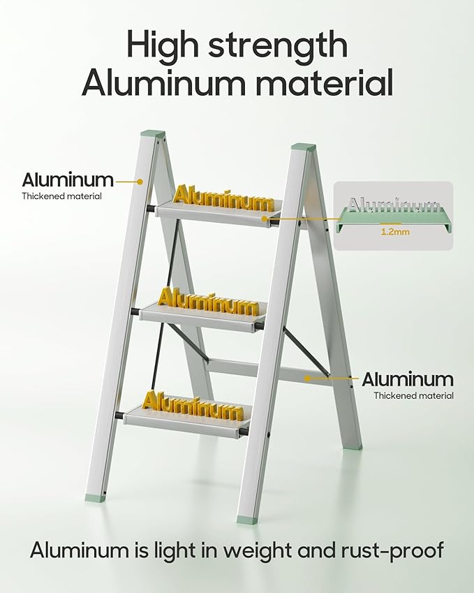 HillhutApex 3 Step Ladder, Lightweight Portable 3 Step Stool with Anti-Slip Wide Pedal, 330lbs Capacity Aluminum Ladder for Household,Office,Kitchen(Pale Green)