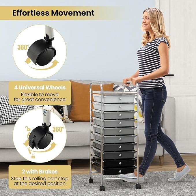 10-Drawer Rolling Storage Cart, Trolley w/Lockable 360° Wheels, 10 Removable PP Drawers, Sturdy Metal Frame, Rolling Utility Cart Perfect for Home, Office, Classroom (Mixed Black)