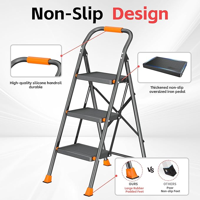 Step Ladder Foldable Folding Stool - for Home Adults Kitchen 3 Stepping Extension Tall Heavy Duty with Handrails - Closet Stepstool Stair Ladders Extendable Stepladder for Indoor House 600Lbs
