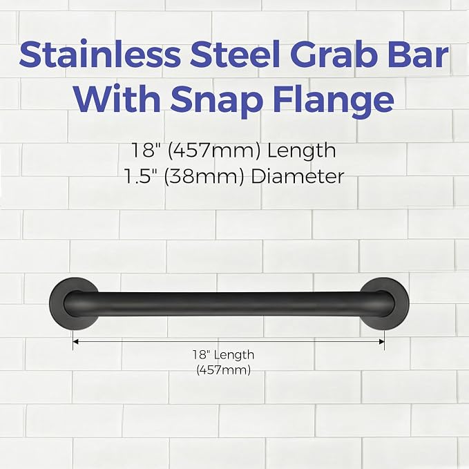 Stardrix 18-Inch ADA Compliant Grab Bar, 1.5" Diameter, Concealed Mounting Flanges, Handicap Friendly, Commercial & Residential Bathrooms, Matte Black Stainless Steel