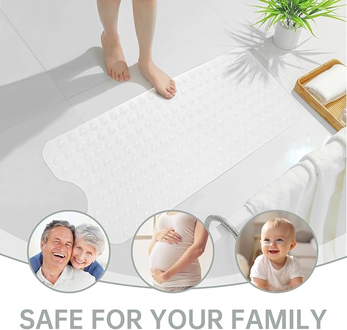 Wirhao Bathtub Mat Non Slip Shower Mat 39×16 Inches Bath Mat for Tub Machine Washable Tub Mat Large for Bathroom with Suction Cups and Drain Holes Clear