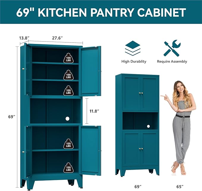 Bevivog Tall Pantry Cabinet with Microwave Shelf, 69" Metal Storage Cabinet with 4 Doors and Adjustable Shelves,Freestanding Metal Kitchen Hutch Cabinet, Blue Pantry Closet Storage Shelves with Doors