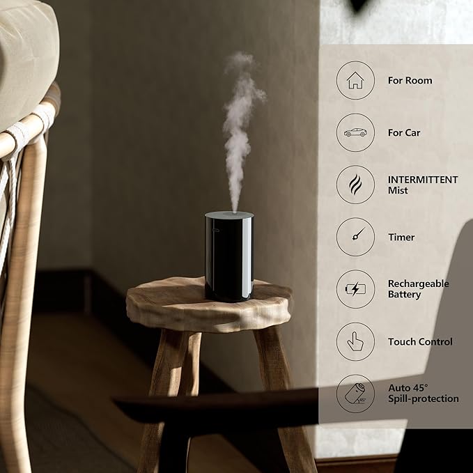 Airversa Waterless Essential Oil Diffuser Starter Kit with 2x20mL Hotel Fragrance Oils, Cordless Nebulizer for Car Home Office, Up to 600 sq ft, Mist/Timer Settings, Baterry Operated, AN8Kit-B, White