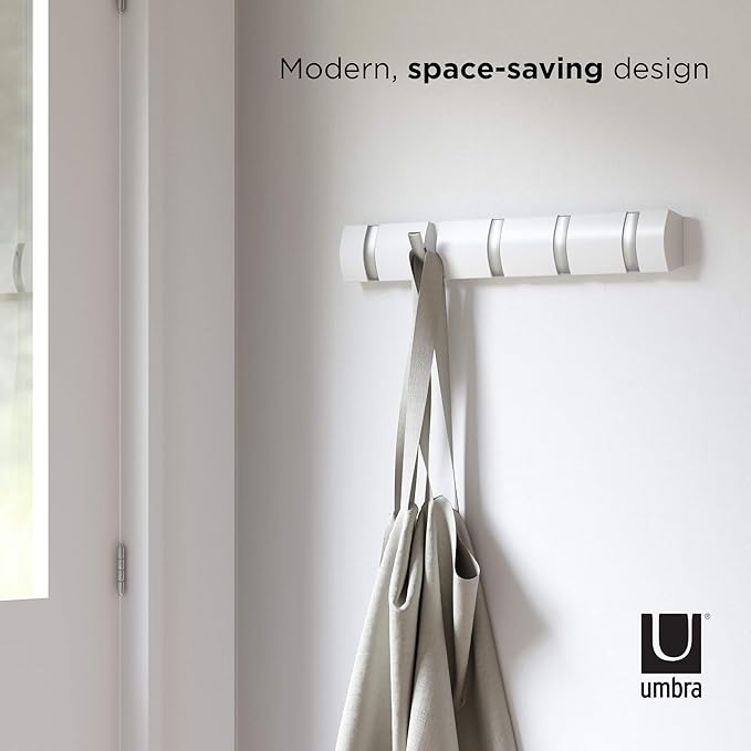 Umbra Flip Wall-Mounted Coat Rack with 5 Hooks – Modern, Space-Saving Storage for Hats, Jackets, Bags, Entryway, Mudroom, Closet, Bathroom, Bedroom – White/Nickel