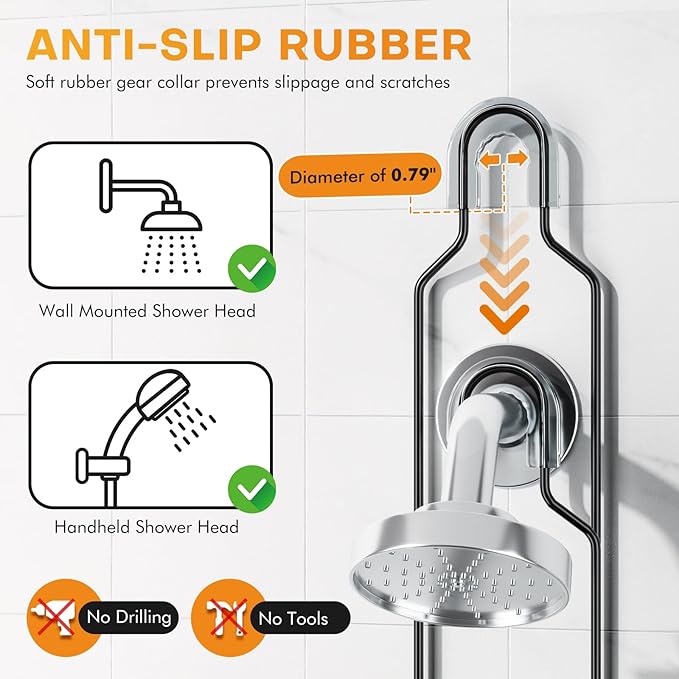 Adjustable Height Shower Caddy Hanging for Handheld Shower Heads, Shower Racks with Soap Holder 8 Hooks, No-Drilling, Anti-Swing, Bathroom Storage Shower Organizer