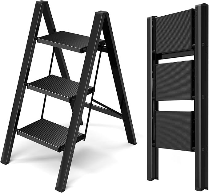 HillhutApex 3 Step Ladder, Lightweight Portable 3 Step Stool with Anti-Slip Wide Pedal, 330lbs Capacity Aluminum Ladder for Household,Office,Kitchen(Black)