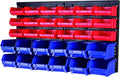 MaxWorks Wall Mount Storage Rack 30 Bin Heavy‑Duty Organizer for Nuts Bolts Screws Nails Beads Buttons and Small Parts for Garage Home and Workshop Blue and Red Bins (80694)