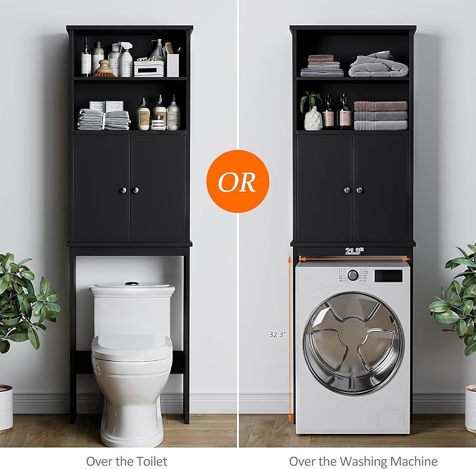 Over the Toilet Storage Cabinet for Bathroom, 75in Black Over Toilet Cabinet Freestanding Storage Organizer, Space Saver with Doors and Adjustable Shelf, Black
