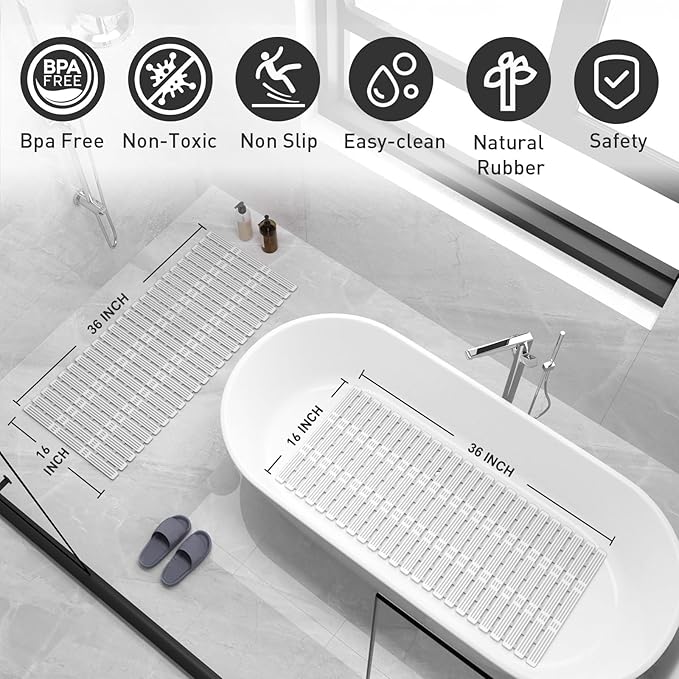 XIYUNTE Shower Mat Non Slip Bath Mat for Tub - 36 x 16 Inch Bathtub Mat Non Slip Shower Mat for Inside Shower, TPE Bath Mat with Powerful Suction Cup, Easy to Cut Bath Tub Mat, Grey