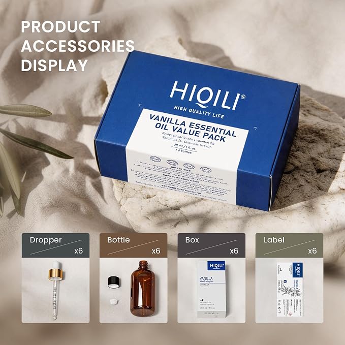 HIQILI Vanilla Essential Oil Set-1 fl oz (6 Pack), 100% Pure Natural with Stable Quality, Bulk Pack for Business Purchase